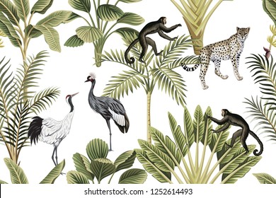 Tropical vintage botanical green palm tree, banana tree, crane, monkey and leopard floral seamless pattern white background. Exotic jungle wallpaper.