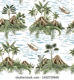 Tropical vintage botanical island, palm tree, mountain, sea wave,boat, palm leaves summer floral seamless pattern white  background.Exotic jungle wallpaper.