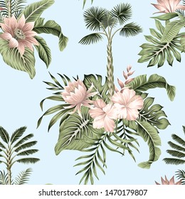 Tropical vintage botanical island, palm tree,  palm leaves, hibiscus, lotus flower summer floral seamless pattern blue  background.Exotic jungle wallpaper.
