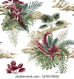 Tropical vintage botanical island, palm tree, mountain, palm leaves,  summer floral seamless pattern white background.Exotic jungle wallpaper.
