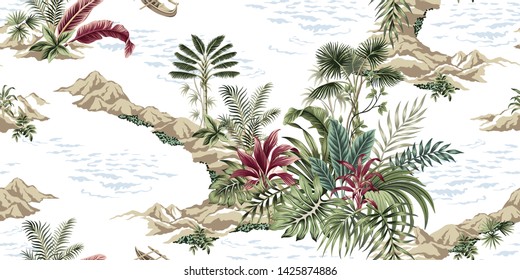 Tropical vintage botanical island, seamless pattern white background. Exotic jungle wallpaper. 