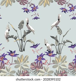 Tropical vintage botanical landscape, clematis flower, banana tree, plant, palm leaves, cockatoo blue background with seamless border. Wallpaper with jungle animals.