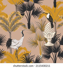 Tropical vintage botanical landscape, crane, toucan, marble sculpture, banana tree, palm floral seamless pattern pink background. Exotic vector wallpaper.