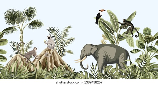 Tropical vintage botanical landscape, elephant, monkey, lemur wild animal, toucan bird, mountain, palm tree, banana tree, plant floral seamless border blue  background. Exotic green jungle wallpaper.