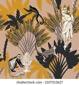 Tropical vintage botanical landscape, monkey, marble sculpture, banana tree floral seamless pattern pink background. Exotic vector wallpaper.