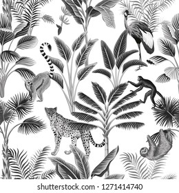 Tropical vintage botanical landscape, palm tree, sloth, monkey, leopard and crane floral seamless pattern white background. Exotic black and white jungle animal wallpaper. 