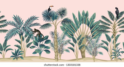 Tropical vintage botanical landscape, palm tree, banana tree, plant, monkey, toucan, black parrot floral seamless border pink background. Exotic jungle animal wallpaper.