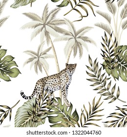 Tropical vintage botanical landscape, palm tree, palm leaves, leopard animal  floral seamless pattern white background. Exotic jungle animal wallpaper.