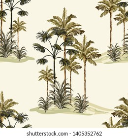 Tropical vintage  botanical landscape, palm tree, banana tree, plant floral seamless border on a white background. Exotic green jungle wallpaper.Perfect for wallpapers,web page backgrounds