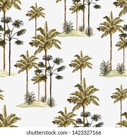 Tropical vintage  botanical landscape, palm tree, banana tree, plant floral seamless border on a white background. Exotic green jungle wallpaper.Perfect for wallpapers,web page backgrounds