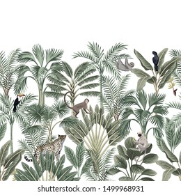 Tropical vintage botanical landscape, palm tree, banana tree, plant, sloth, monkey, leopard, black parrot, toucan floral seamless border white background. Exotic green jungle animal wallpaper.