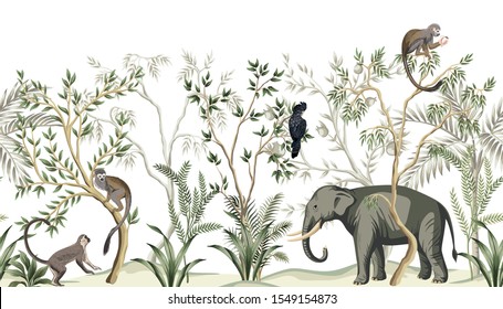 Tropical vintage botanical landscape, palm tree, plant, parrot, monkey, elephant floral seamless border white background. Jungle animal wallpaper.