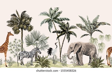 Tropical vintage botanical landscape, palm tree, plant, palm leaves, sloth, giraffe, elephant, crane, zebra.  Seamless floral border. Jungle animal wallpaper.

