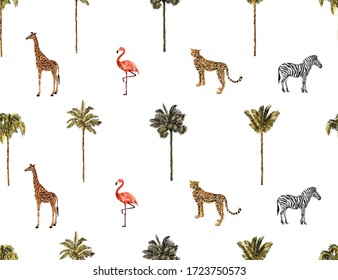 Tropical vintage botanical landscape, palm tree, giraffe,flamingo,leopard, zebra. Seamless floral border. Jungle animal wallpaper. 