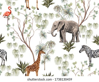 Tropical Vintage Botanical Landscape, Palm Tree, Jungle Plants, Palm Leaves, Sloth, Zebra, Giraffe, Flamingo, Elephant. Seamless Floral Pattern. Jungle Animal Wallpaper.
