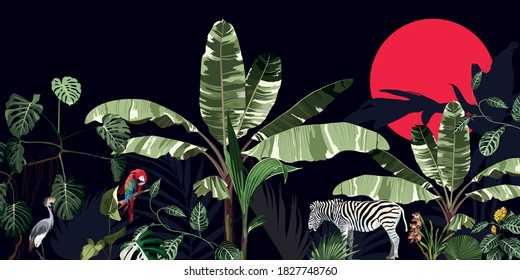 Tropical vintage botanical landscape, palm tree, banana tree, plant, wild animals leopard, zebra, parrot floral seamless border night background. Exotic green jungle wallpaper.