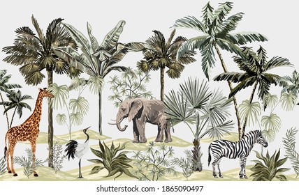 Tropical vintage botanical landscape, palm tree, plant, palm leaves, sloth, giraffe, elephant, crane, zebra.  Seamless floral border. Jungle animal wallpaper.
