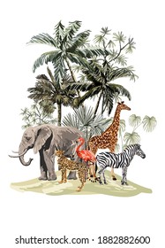 Tropische Vintage botanische Landschaft, Palmen, Pflanzen, Palmenblätter, Schlamm, Giraffe, Elefant, Flamingo, Zebra, Leopard.  Dschungelflorale Komposition Tier Tapete.
