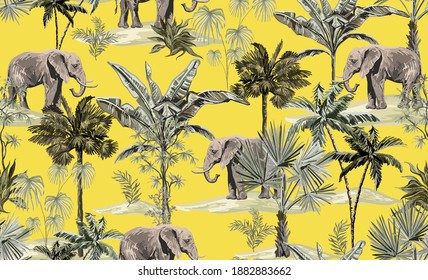 Tropical vintage botanical landscape, palm trees, plant, palm leaves, sloth, elephants.  Seamless floral pattern. Jungle animal wallpaper on yellow background.
