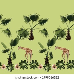 Tropical vintage botanical landscape, palm tree, giraffe, floral seamless border green background. Wallpaper with jungle animals.