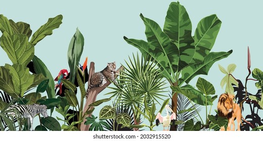 Paisaje botánico vintage tropical, palmera, plátano, planta, leopardo de los animales salvajes, jaguar, cebra, loro floral y fondo limítrofe sin costuras. Papel pintado de la selva verde exótica.