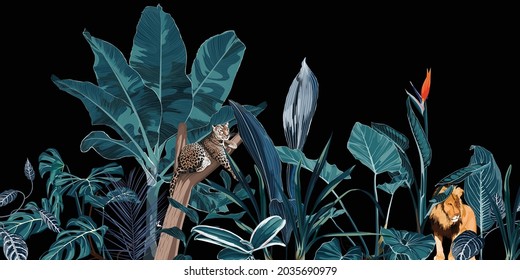 Tropical vintage botanical landscape, palm tree, banana tree, plant, wild animals leopard, jaguar floral seamless border background. Exotic jungle night wallpaper.