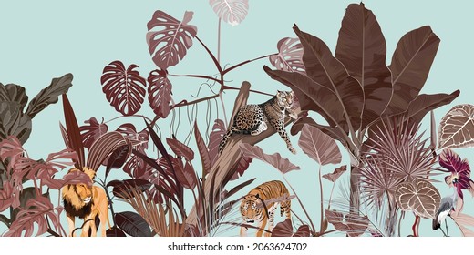 Tropical vintage botanical landscape, palm tree, banana tree, plant, wild animals leopard, jaguar,  zebra, parrot floral border background. Exotic abstract brown  jungle wallpaper.