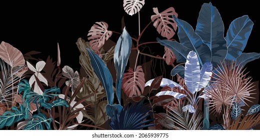 Tropical vintage botanical landscape, palm tree, banana tree, plant floral border background. Exotic brown blue jungle wallpaper.