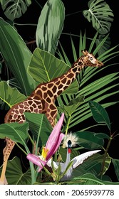 Tropical vintage botanical landscape, palm tree, banana tree, plant, wild animals giraffe, crane bird floral border background. Exotic abstract brown  jungle wallpaper.