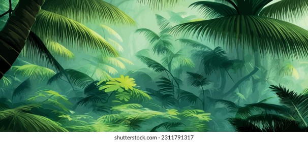 Tropical vintage botanical landscape, palm tree, vegetable flower border background. Exotic green jungle background and wallpaper, forrest, tropical forest, plants and nature vector Illustration