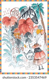 Tropical vintage botanical landscape, palm tree, plant, palm leaves, sloth, giraffe, elephant, crane, zebra. Seamless floral border. Jungle animal wallpaper.