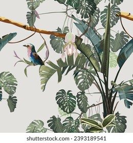 Tropical vintage botanical landscape, palm tree, banana tree, plant, Lilac breasted Roller bird, floral seamless border background. Exotic green blue jungle wallpaper or banner.
