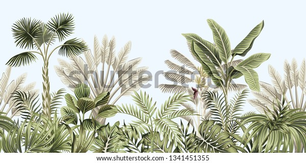 Tropical vintage botanical landscape, palm tree, banana tree, plant floral seamless border blue background. Exotic green jungle wallpaper. 