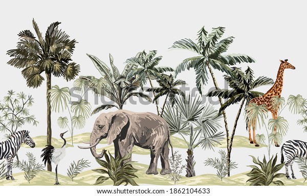 Tropical vintage botanical landscape, palm tree, plant, palm leaves, sloth, giraffe, elephant, crane, zebra. Seamless floral border. Jungle animal wallpaper. 