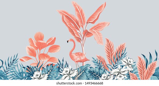 Tropical vintage botanical landscape, pink palm tree, banana tree, blue plant, pink flamingo floral seamless border grey  background. Exotic jungle animal wallpaper.