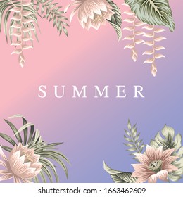 Tropical vintage botanical landscape, pink lotus, hibiscus flower, palm leaves floral frame gradient background. Exotic jungle illustration.