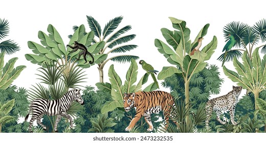 Tropical vintage botanical landscape, tiger, zebra, leopard, monkey animal, green parrot, palm tree, banana tree, plant floral seamless border white background. Exotic jungle wallpaper.	