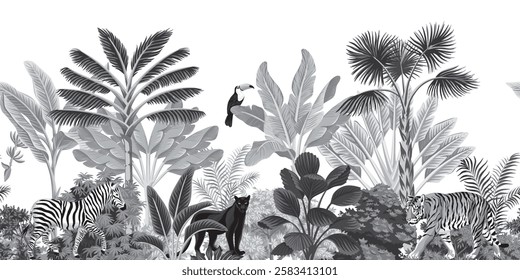 Tropical vintage botanical landscape, tiger, zebra, panther animal, toucan bird, grey palm tree, banana tree, plant floral seamless border white background. Exotic jungle mural.	