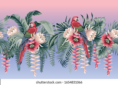 Tropical vintage botanical lotus flower, palm leaves, banana leaves, macaw parrot border gradient background. Exotic jungle floral wallpaper.