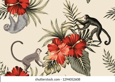 Tropical vintage botanical palm leaves, monkey, red hibiscus floral seamless pattern ivory background. Exotic jungle animal wallpaper. 