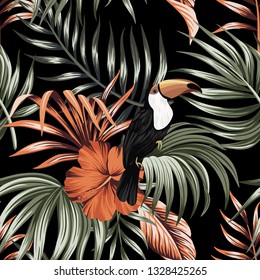 Tropical vintage botanical palm leaves, toucan, red hibiscus floral seamless pattern black background. Exotic jungle bird wallpaper.