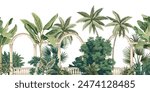 Tropical vintage botanical palm trees, banana tree, green plants, arch garden seamless border white background. Exotic jungle wallpaper.