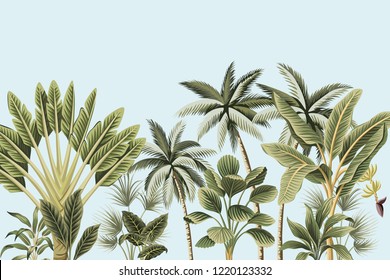 Tropical vintage botanical palm trees, banana tree floral wall mural blue  background. Exotic jungle wallpaper.