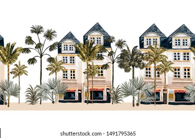 Tropical vintage botanical palm trees, banana tree and plants old town.Seamless pattern border. Exotic jungle wallpaper background.

