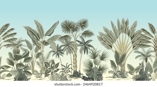 Tropical vintage botanical palm trees, banana tree, plants floral seamless border blue background. Exotic jungle wallpaper.