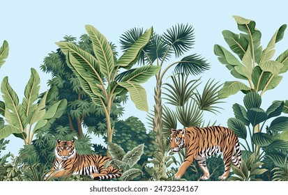 Tropical vintage botanical palm trees, banana tree, green plants, tiger animal floral seamless border blue background. Exotic jungle wallpaper.