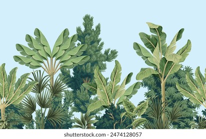 Tropical vintage botanical palm trees, banana tree, green plants floral seamless border blue background. Exotic jungle wallpaper.