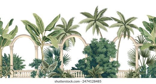 Tropical vintage botanical palm trees, banana tree, green plants, arch garden seamless border white background. Exotic jungle wallpaper.