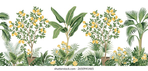 Tropical vintage botanical palms, banana tree, lemon tree, green plants, yellow flower, palm leaves seamless border white background. Jungle wallpaper.