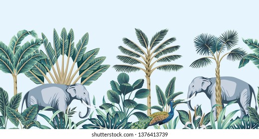 Tropical vintage botanical peacock bird, elephant animal, palm tree and plant floral seamless border blue background. Exotic jungle wallpaper. 